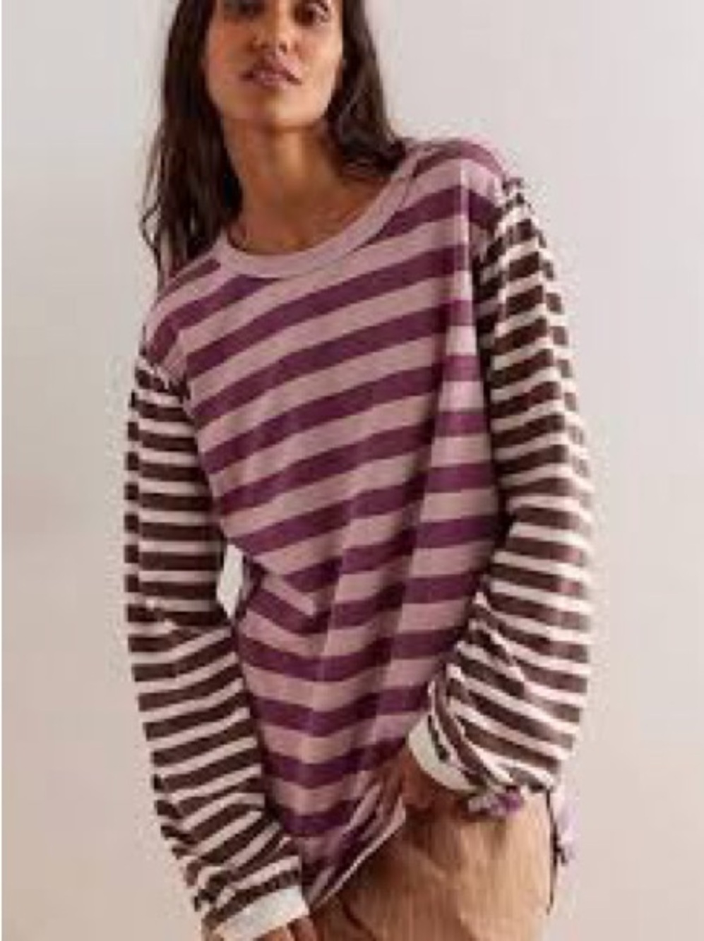 We The Free Free People Sawyer Stripe Oversized Top Plum/Pink, Chocolate Brown